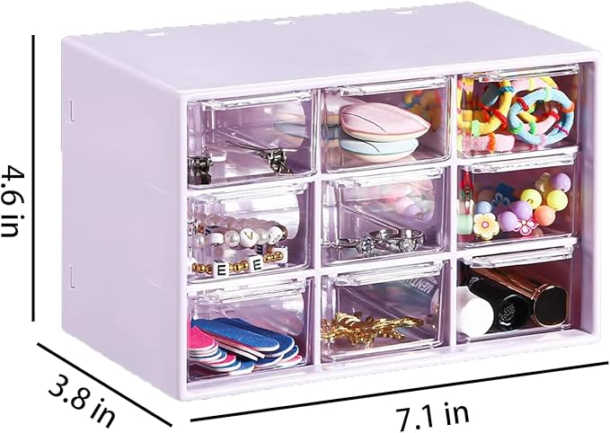 Small Drawer Organizer for Desk, 7.1" x 3. 8" x 4.6" Mini Desktop Drawer Organizer with 9 Clear Drawers, Plastic Desktop Craft Storage Box for Desk Office School Home (Purple)
