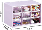Small Drawer Organizer for Desk, 7.1" x 3. 8" x 4.6" Mini Desktop Drawer Organizer with 9 Clear Drawers, Plastic Desktop Craft Storage Box for Desk Office School Home (Purple)