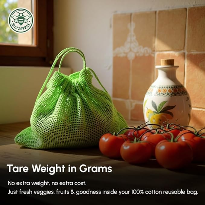 Eco-Friendly Organic Cotton Mesh Produce Bags [Pack of 6] | Reusable Mesh Produce Bags for Grocery Shopping, Fruit & Vegetable Storage | Washable Drawstring Vegetable Bags for Kitchen & Fridge