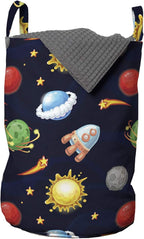 Ambesonne Space Laundry Bag, Cartoon Style Cosmos Themed Illustration Sun with Stars Planets and Space Rocket, Hamper Basket with Handles Drawstring Closure for Laundromats, 13" x 19", Black Burgundy
