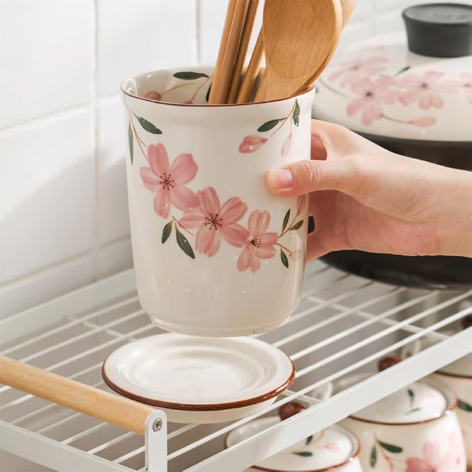 WAIT FLY Sakura Porcelain Kitchen Utensil Holder with Bottom Flatware Storage Organizer Utensil Crock for Countertop Kitchen Counter Decor