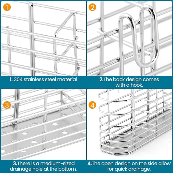304 Stainless Steel Utensil Holder,Kitchen Utensil Organizer with 3Divided Compartments,Flatware Storage Basket with Hooks for Dish Drying Rack Sink Dish Drainer in KitchenBathroom
