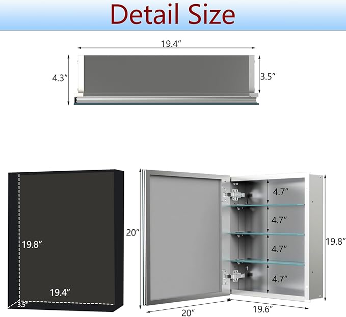 Aluminum Medicine Cabinet with Mirror, 20x20 Inch Mirror Cabinet, Assembly Needed, Recessed/Wall Mount, 3 Adjustable Tempered Glass Shelves, Bathrroom Medicine Cabinet, Reversable Door