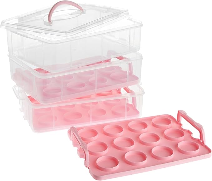 Juvale 3-Tier Cupcake Carrier - Airtight Plastic Container for Baking - Stackable Cupcake Containers & Removable Trays - Portable Cake Transport Holder - Holds 36, Pink, 13.5"x10.25"x10.75"