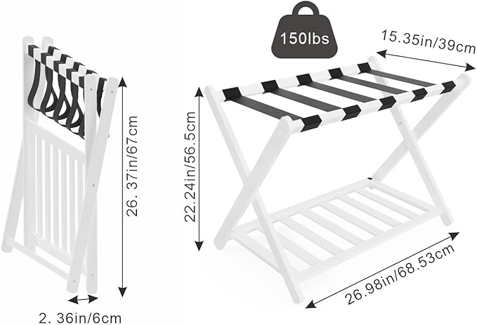Luggage Rack, Folding Luggage Rack for Guest Room, Bamboo Suitcase Stand with Unique Magnetic Locking, Luggage Stand with Storage Shelf for Hotel, Bedroom, Guest Room, White, WT01XLG1