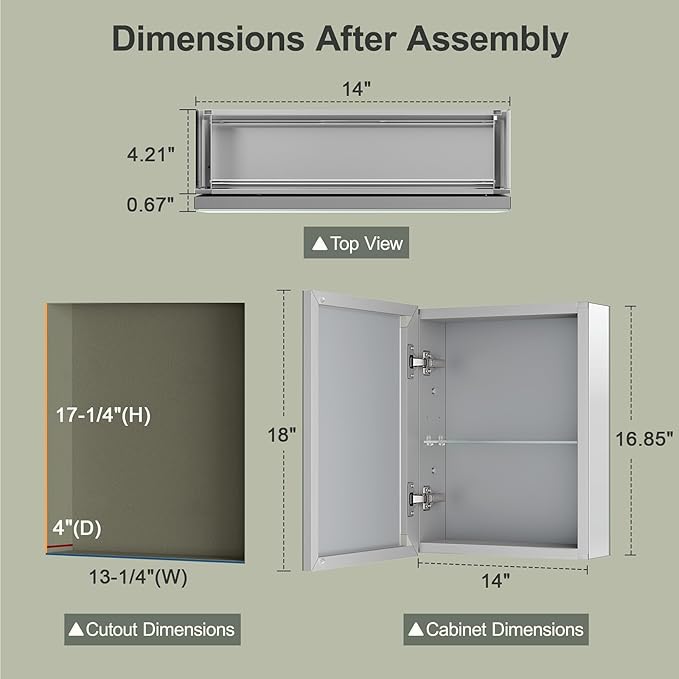 14x18 Inch Aluminum Medicine Cabinet with Beveled Mirror, Assembly Needed, Recessed or Wall Mount, 1 Adjustable Tempered Glass Shelf, Side Mirrors, Reversable Door, Rectangular Silver Edge