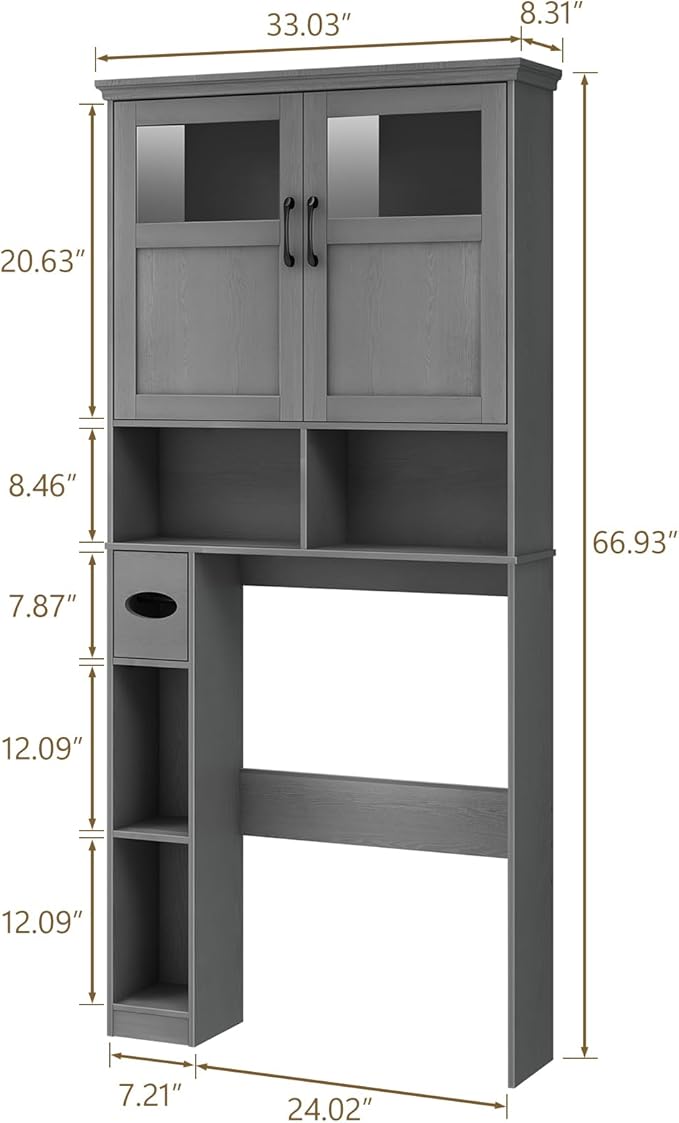 Over The Toilet Storage Cabinet With Double Doors & Paper Holder Stand, Freestanding Shelf Space Saver, Anti-Tip Design & Adjustable Shelf, Natural Grey