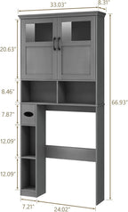 Over The Toilet Storage Cabinet With Double Doors & Paper Holder Stand, Freestanding Shelf Space Saver, Anti-Tip Design & Adjustable Shelf, Natural Grey