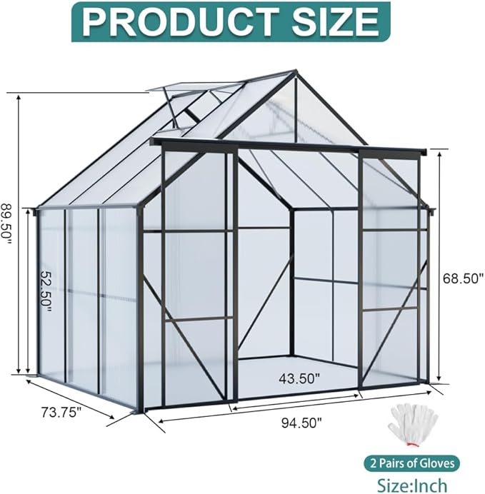 Heavy-Duty Walk-in Polycarbonate Greenhouse with Dual Sliding Doors, Adjustable Roof Ventilation, and Galvanized Steel Base for Year-Round Outdoor Gardening (Black 8*6FT)