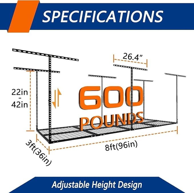 GarveeHome 3x8 ft Garage Ceiling Storage Racks, Overhead Garage Storage Rack Organization, Adjustable Ceiling Mounted Storage Racks, 600LBS Weight Capacity, Metal Garage Storage Organization Systerm