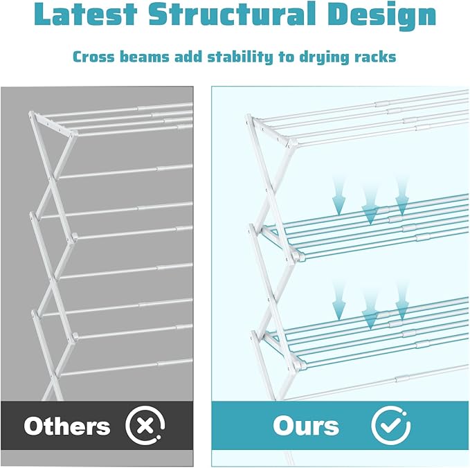 Foldable Drying Rack Clothing, 3-Tier Clothes Drying Rack Use for Indoor & Outdoor Antirust Laundry Drying Rack Collapsible White 28" L x 35" H x 10" W