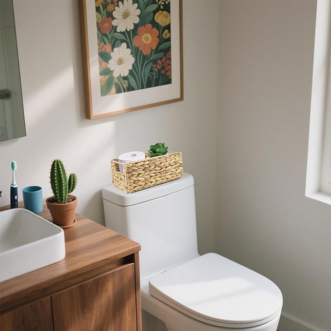 YRMT Small Water Hyacinth Storage Basket Toilet Paper Baskets with Built-in Handles Bathroom Organizer Narrow Baskets for Organizing Toilet Tank 2 Pack (Water Hyacinth)