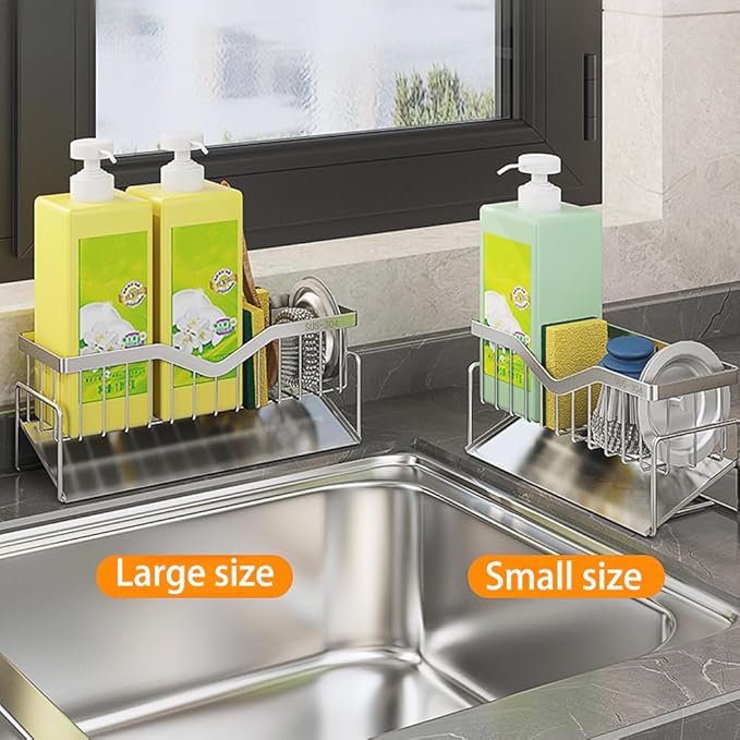 Sponge Holder for Kitchen Sink, Quick Draining, SUS 304 Stainless Steel Sponge Organizer, Basket for Cleaning and Scrub Tool, Kitchen Sink Brush Caddy Holder,Large Size and Capacity