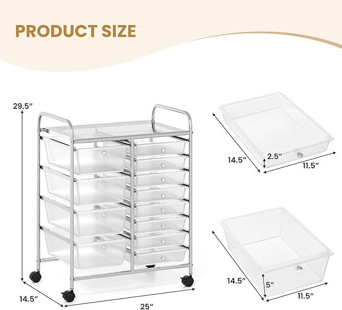 GOFLAME 12-Drawer Rolling Storage Cart, Craft Storage Cart with Removable Drawers & Lockable Wheels, Art Cart Supply Storage Organizer with Metal Frame for Home Office Classroom, Clear