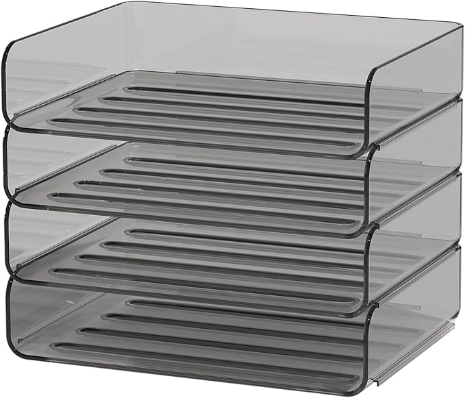 4-Tier Horizontal Acrylic Paper Tray Organizer | Clear Stackable Desk Organizer for Documents, Letters, A4 Paper | Modern Office/Classroom/Home Organization,Brown