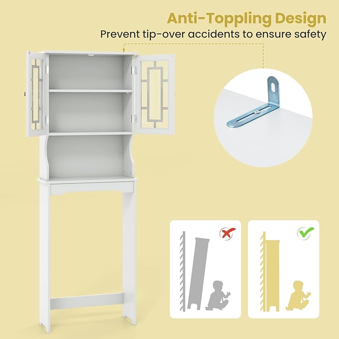 Giantex Over The Toilet Storage Cabinet, Above Toilet Bathroom Organizer with Tempered Glass Doors & Adjustable Shelf, Freestanding Space Saver Rack for Restroom, Laundry