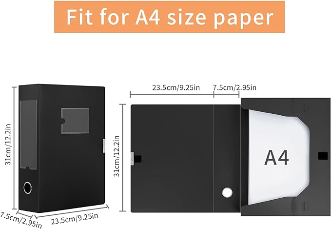 HUA JIE A4 Storage File Boxes Plastic Archives Cases with Lid, File Folder Organizer Document Filing Box for office,31×7.5×23.5 cm, Black(Pack of 6)