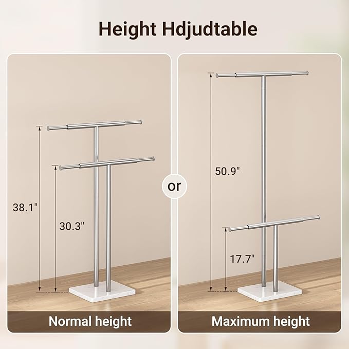 ELYKEN Standing Towel Racks for Bathroom, 2-Tier Floor Towel Holder Stand with Weighted Marble Base, Freestanding Bath Towel Rack, Width Adjustable & Stainless Steel Brushed Finish