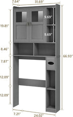 Vabches Over The Toilet Storage Cabinet, Bathroom Shelf Over Toilet with Glass Doors and Adjustable Shelves, Natural Grey Freestanding Home Space Save Toilet Rack, for Restroom, Bathroom, Laundry