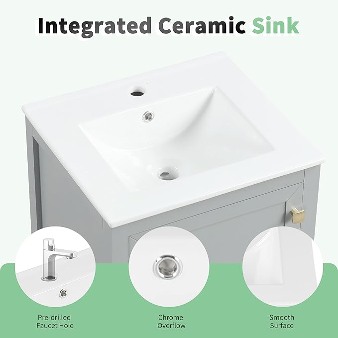 20 in Small Bathroom Vanity with Sink,Wood Modern Single Bathroom Sink Cabinet with Soft Closing Door and Drawer,Freestanding Grey