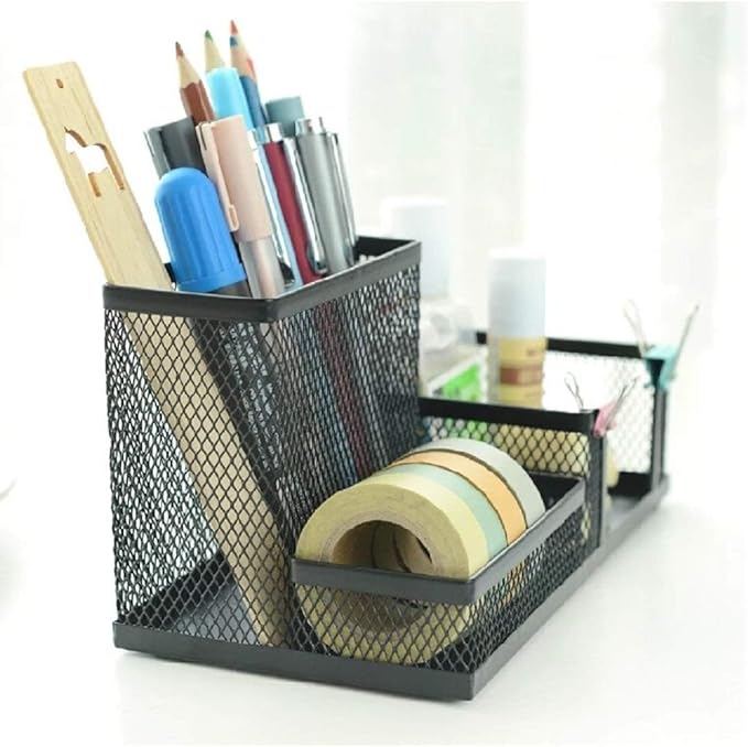 Corner Cabin Mesh Desk Office Organizer for Paper Clip, Mesh Desk Organizer, 3 in 1 Metal Pen Holder Office Supplies Caddy for Paper Clip, Sticky Note, Pen(3 Compartments, Black)