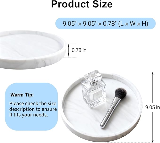 Silicone Bathroom Tray - 9-Inch Round Vanity Tray, Suitable for Candles, Perfumes, Soap Dispensers (Marble White)