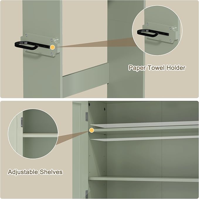 Over The Toilet Storage Cabinet with Gold Trim, Modern Bathroom Organizer Over Toilet with Adjustable Shelves and Toilet Paper Holder for Bathroom (Green)