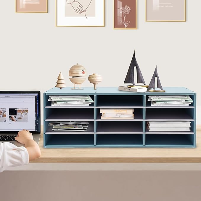 Paper Organizer for Desk, 12 Compartments Desktop Literature Organizer with Adjustable Shelves, File Sorter Mail Center, Stackable Paper Sorter Organizer for Home, Office, Classroom