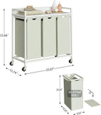 Laundry Hamper with Shelf, Laundry Basket 3 Section, Laundry Sorter with Pull-Out Removable Large Bags and Movable Wheels, Metal Frame, 3 x 15.87 Gallons (60L), White PF04XLW