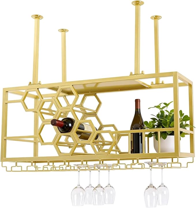 Hanging Wine Rack, 39in Heavy Duty Ceiling Mounted Wine Bottle & Glass Holder, 150lbs Load Capacity Storage Rack, for Bar, Kitchen, Restaurant, Cellar (Gold)