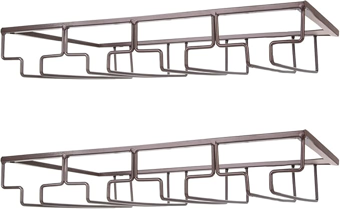Wine Glass Rack - Under Cabinet Stemware Wine Glass Holder Glasses Storage Hanger 2 Pack Metal Organizer for Bar Kitchen 4 Rows Brown