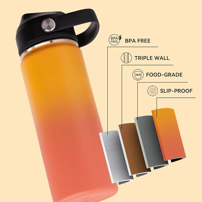 18oz Insulated Stainless Steel Water Bottle, Wide Mouth Double Wall Vacuum, Silicone Straw, Sweat & Leak Proof, BPA Free Insulated Water Flask for Travel, Keep Cold 24h Hot 12h, Orange