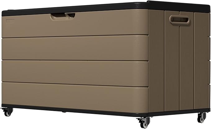 110 Gallon Deck Box Waterproof with Wheels - Mobile Double-Wall Resin Outdoor Storage Box for Patio, Pool, & Garden - Lockable Deck Storage for Cushions, Pool Floats, Boat Slip (Brown)
