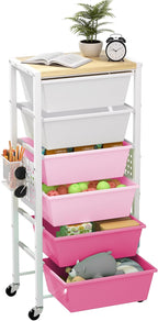 Rolling Cart with Drawers, Rolling Storage Cart with Large Plastic Drawers & Wooden Tabletop, Utility Cart with Pegboards & Basket, Storage Drawers Cart for Living Room, Classroom, Bedroom, Office