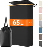 Lifewit 65L Slim Laundry Hamper with Lid, Narrow Laundry Basket with Removable Bag & Bamboo Handles, Fodable Thin Dirty Clothes Hamper for Laundry Collapsible Bin for Bathroom Bedroom Dorm, Black