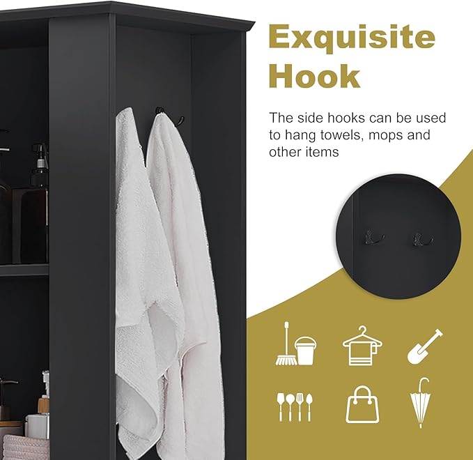 Tall Laundry Cabinet with Tilt Out Hamper, Wood Bathroom Storage Cabinet with Door,Drawer and Adjustable Shelves Freestanding (Black)