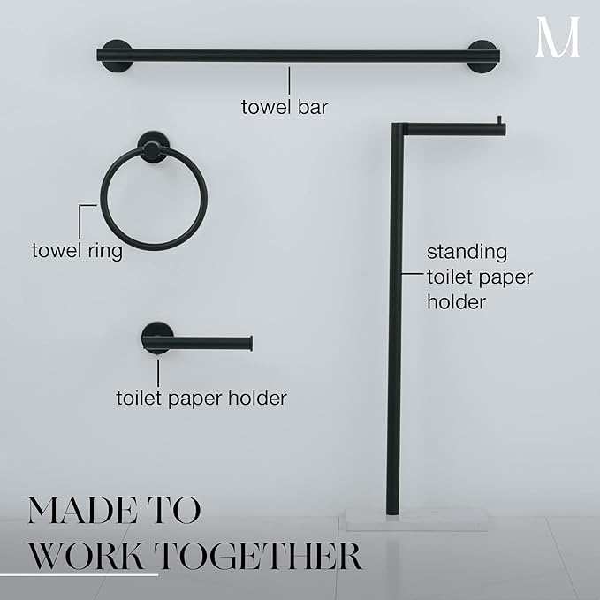 MARMOLUX ACC Free Standing Matte Black Toilet Paper Holder Stand White Marble Base and Storage - 4 Jumbo Roll Bathroom Hardware Toilet Tissue Organizer - Stainless Steel Bathroom Decor Accessory