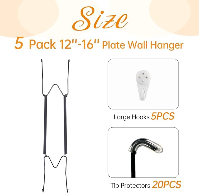 5 Pack Plate Hangers for The Wall, Suitable for 12-16 inch Art Plate, Stainless Steel Invisible Heavy Duty Wire Plate Holder with Wall Hooks, Plate Hangers for Displaying Plates, Platter, Dish, Black