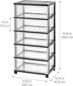 IRIS USA Plastic Drawer Storage Organizer Rolling Cart, with Wheels Casters, 5-Drawers, for Art Craft Supplies Bathroom Dorm Bedroom Laundry Room, Wide, Black