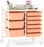 Giantex 9 Drawers Rolling Cart, Classroom Organizers, Storage Cart with Wheels, for Teacher Office Home School Supplies Tool Craft Art Paper, Peach Fuzz