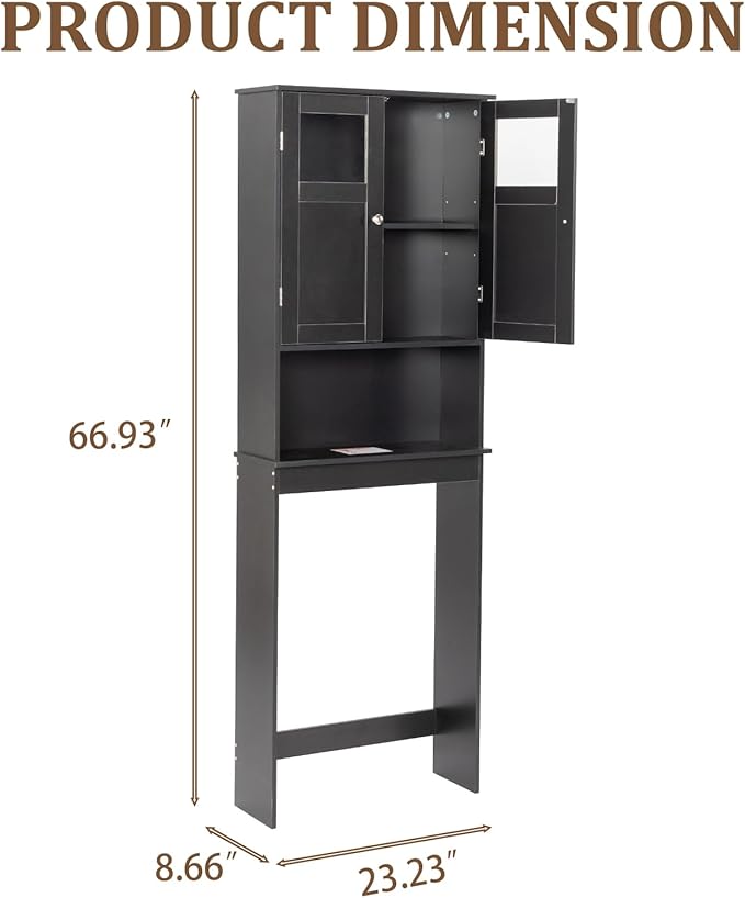 Over The Toilet Cabinet with Shelf and 2Doors, Bathroom Space Saver Organizer Above Toilet,Taller Wooden Free Standing Toilet Rack for Bathroom, Restroom, Laundry (Black)