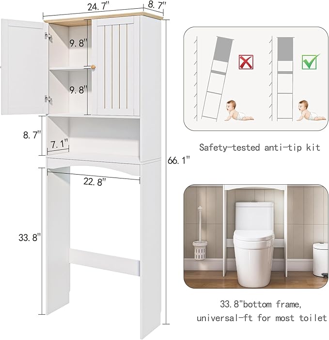 Over The Toilet Storage Cabinet for Small Bathrooms, Freestanding Space Saver with Double Doors & 2 Fixed Shelves, Stable Wood Organizer with Anti-Tip Kit, Fits 33-Inch Clearance, White