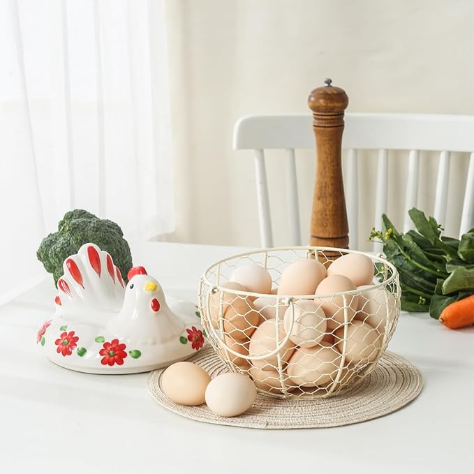 Egg Storage Baskets for Fresh Eggs, Kitchen Countertop Storage Organization Egg Dispenser, Ceramic Chicken Lid with Wire Basket, Holds 20-25 Eggs