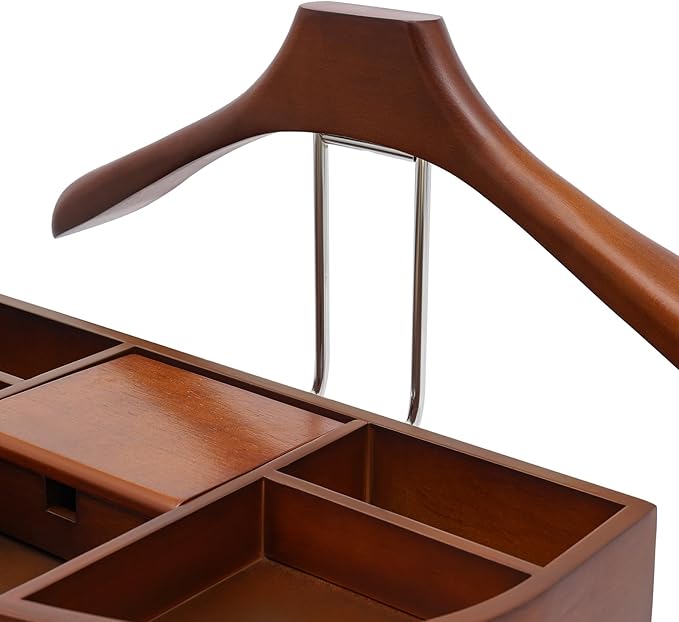 Wood Suit Rack Valet Stand for Men and Women, Freestanding Clothing Rack Organizer with Drawer & Base Vertical Suit Valet Stand for Hats, Bags, Clothes 22 lbs Capacity (Brown)