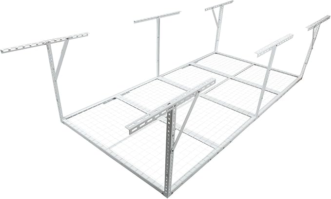 Overhead Garage Storage Rack 3x8FT, Heavy Duty Ceiling Mounted Organizer, Adjustable Height 22-40 Inch, 600 Lbs Capacity Metal Shelf for Home Organization, White