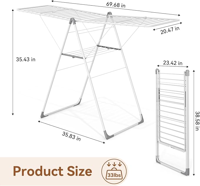 APEXCHASER Clothes Drying Rack, Foldable Drying Rack Clothing, Sturdy Metal Laundry Drying Rack, Height-Adjustable Gullwing, Easy to Fold, Space-Saving, for Indoor Outdoor, White