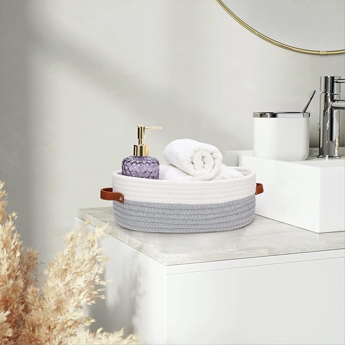 Bathroom Countertop Organizer Basket, Cotton Rope Woven Storage Basket Toilet Paper Decorative Basket for Bathroom, Bedroom, Living Room, Entryway 13"x6.3"x4.3" (Off White/Gray)