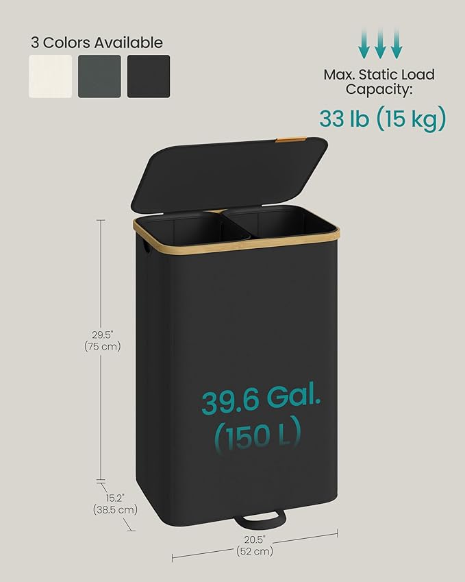 SONGMICS Laundry Hamper, Laundry Sorter with Lid, Storage Basket Bin, Removable Liners, Bamboo Frame, for Bedroom, 2 Sections, 39.6 Gal. (150 L), Ink Black ULCB532BH01