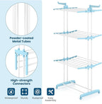 Giantex Foldable Clothes Drying Rack, Oversized 4-Tier Collapsible Laundry Rack w/ 3 Retractable Trays, Hanger Holders, Moveable Laundry Garment Dryer Stand w/Wheels for Indoor Outdoor Use, Blue