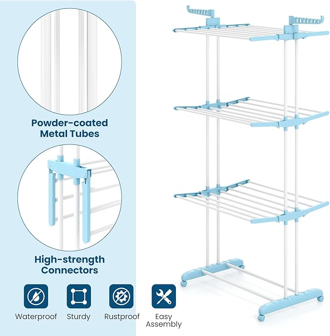 Giantex Foldable Clothes Drying Rack, Oversized 4-Tier Collapsible Laundry Rack w/ 3 Retractable Trays, Hanger Holders, Moveable Laundry Garment Dryer Stand w/Wheels for Indoor Outdoor Use, Blue